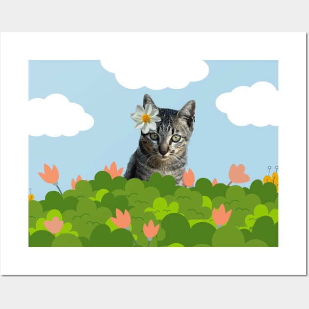 Tabby cat in flower bushes on brighten day Wall Art by Yenz4289